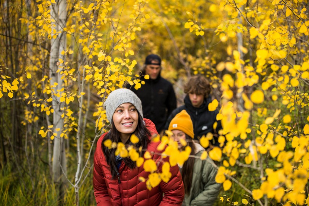 A family walking through a forest with vibrant yellow autumn leaves in Central Oregon.
