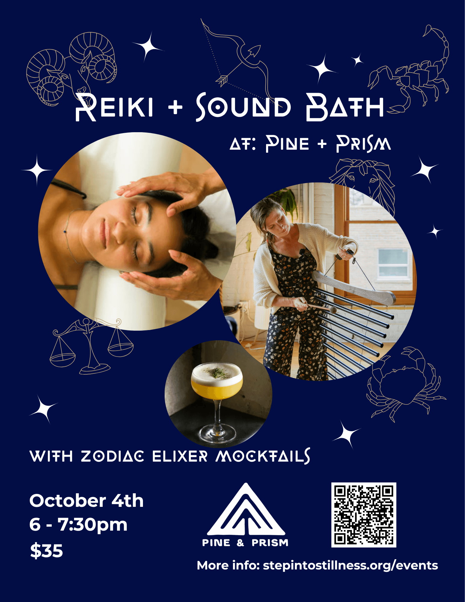 A promotional flyer for a Reiki and sound bath event featuring zodiac-themed mocktails in Central Oregon.