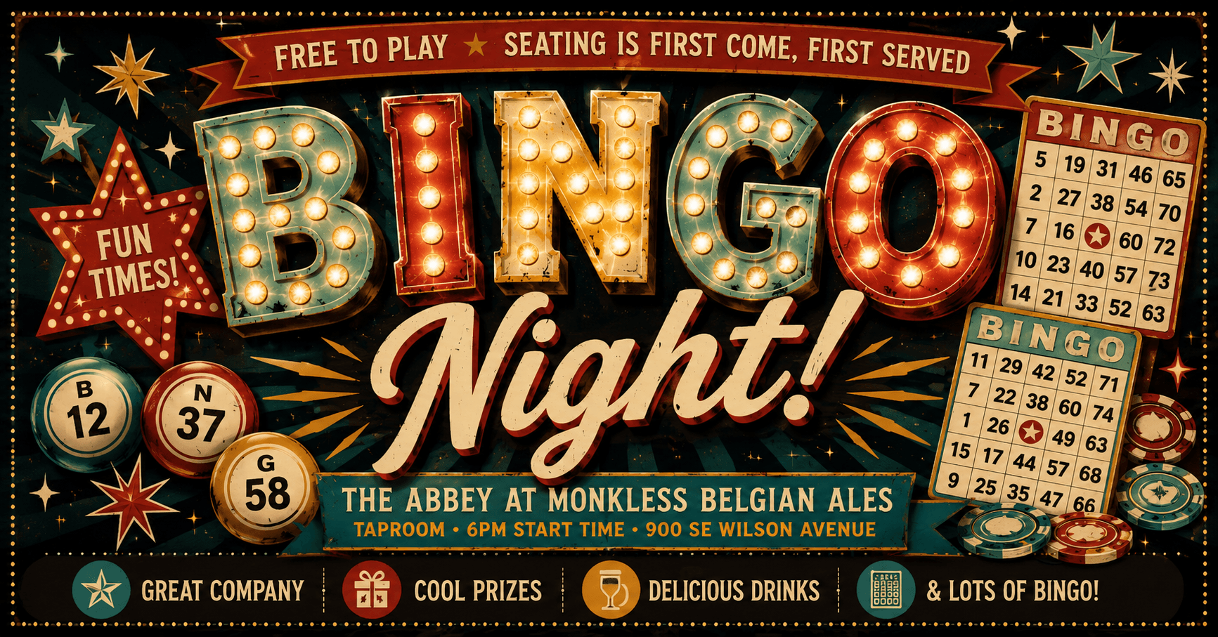 A vintage-style poster advertising a bingo night at a brewery in Central Oregon.
