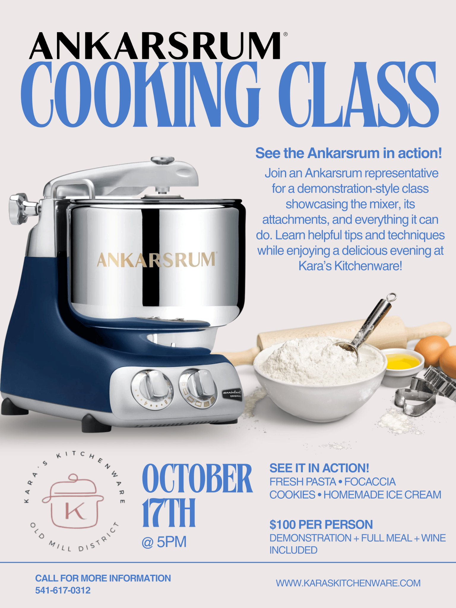 A promotional flyer for an Ankarsrum cooking class featuring a stand mixer in Central Oregon.
