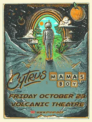 A surreal concert poster featuring a person walking through a glowing portal into nature in Central Oregon.