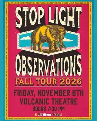 A concert poster for Stop Light Observations featuring a golden elephant illustration in Central Oregon.