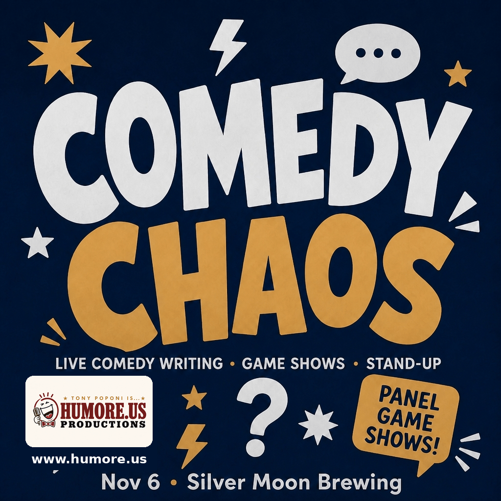 A promotional poster for a Comedy Chaos event at Silver Moon Brewing on November 6th in Central Oregon.