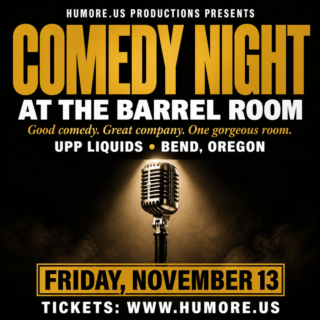 A promotional poster for a comedy night event featuring a vintage microphone in Central Oregon.