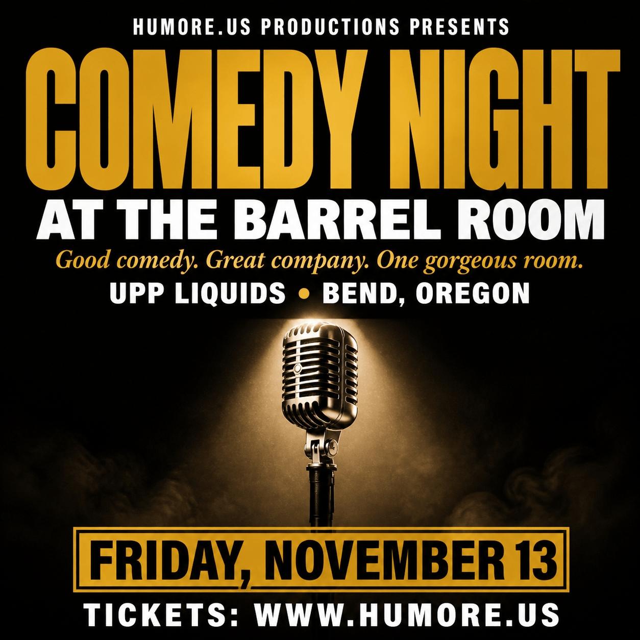 A promotional poster for a comedy night event featuring a vintage microphone in Central Oregon.