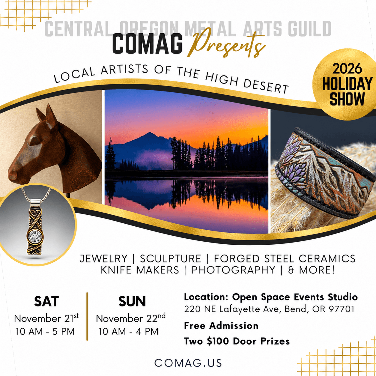 A flyer for the 2026 Central Oregon Metal Arts Guild holiday show in Bend, Oregon in Central Oregon.