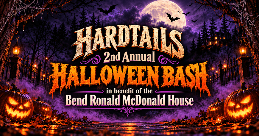 A spooky Halloween event poster featuring jack-o'-lanterns, bats, and a full moon in Central Oregon.