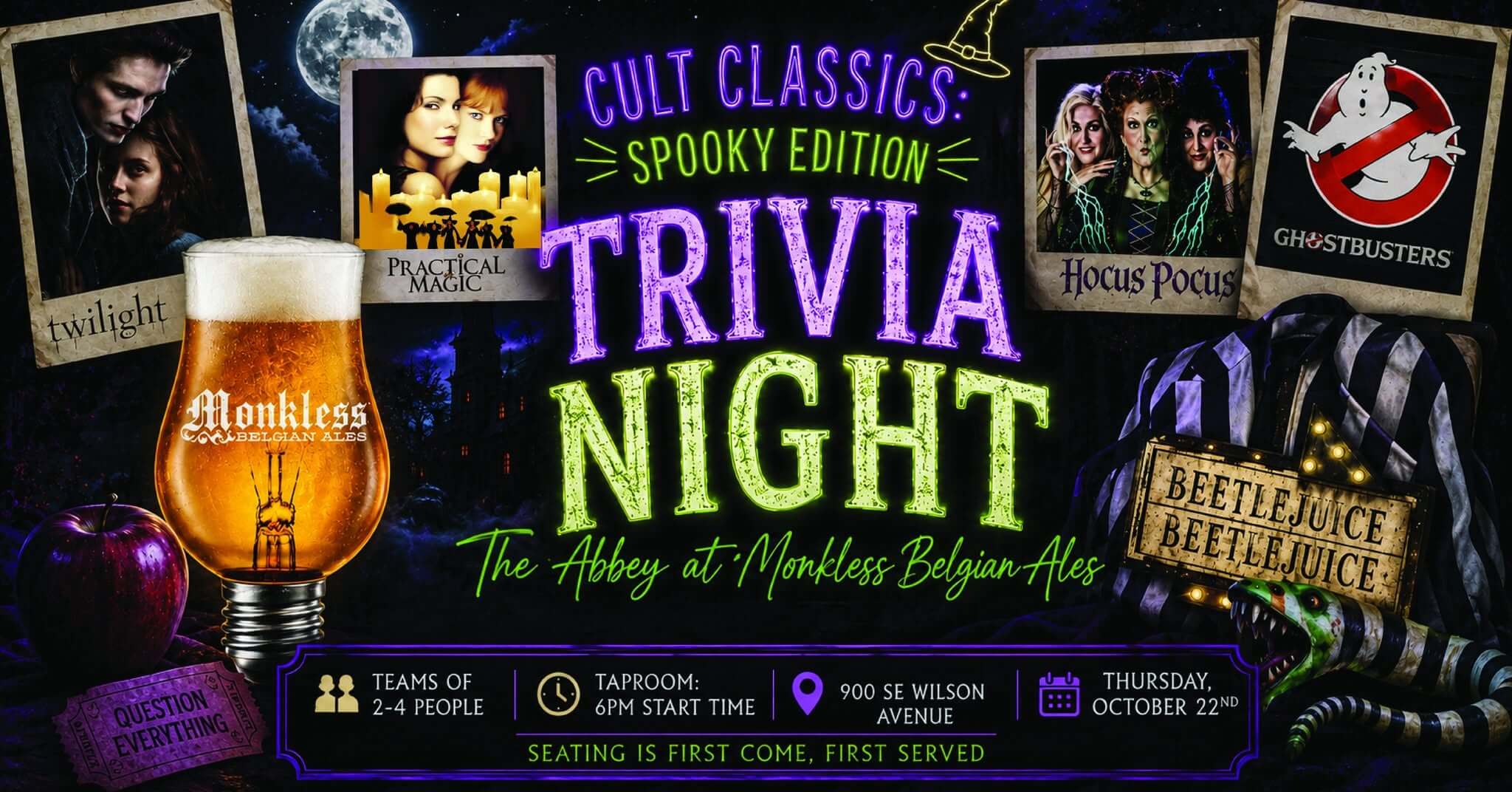 A promotional flyer for a spooky-themed cult classics trivia night at a brewery in Central Oregon.