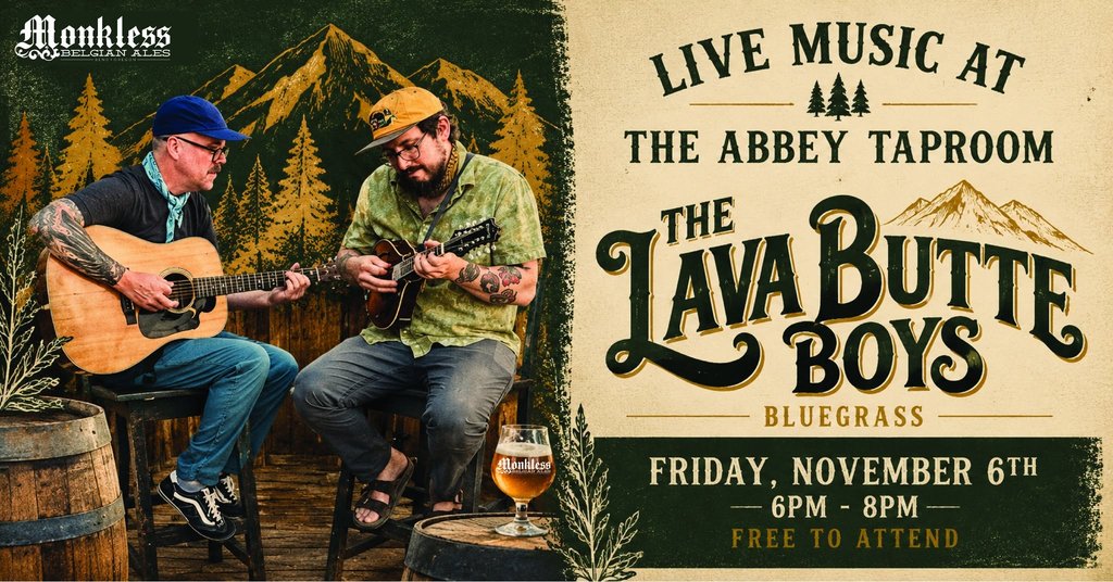 A promotional poster for a live bluegrass performance by The Lava Butte Boys in Central Oregon.