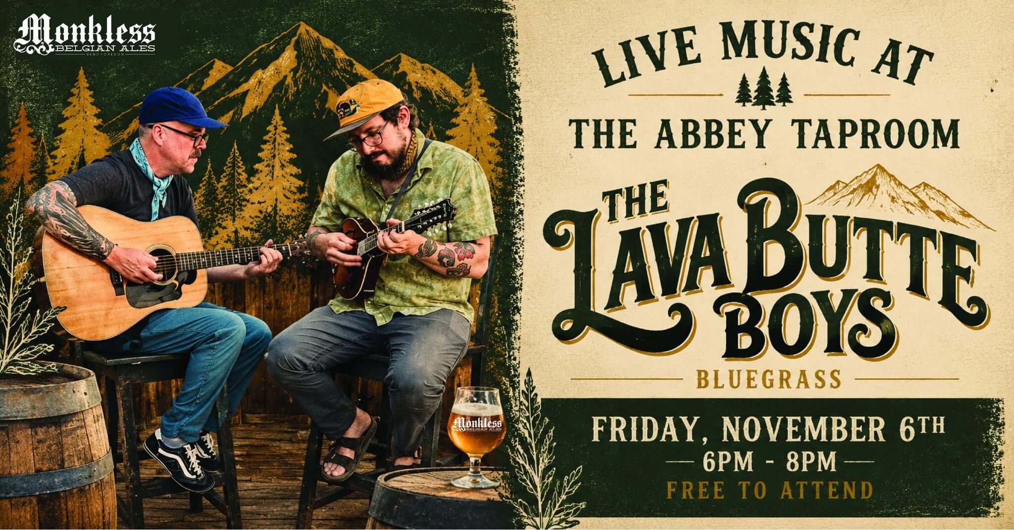 A promotional poster for a live bluegrass performance by The Lava Butte Boys in Central Oregon.