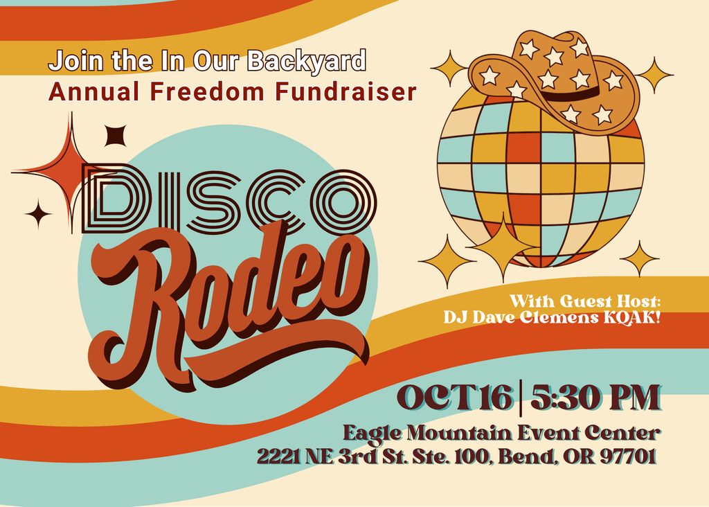 A retro-style event flyer for a Disco Rodeo fundraiser featuring a cowboy hat disco ball in Central Oregon.
