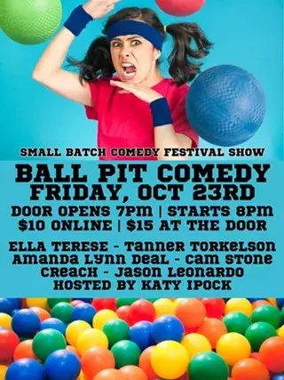A promotional poster for a comedy show featuring a woman surrounded by colorful balls in Central Oregon.