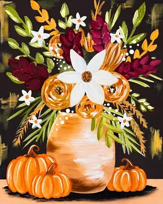 A painting of a floral bouquet in a vase surrounded by three orange pumpkins in Central Oregon.