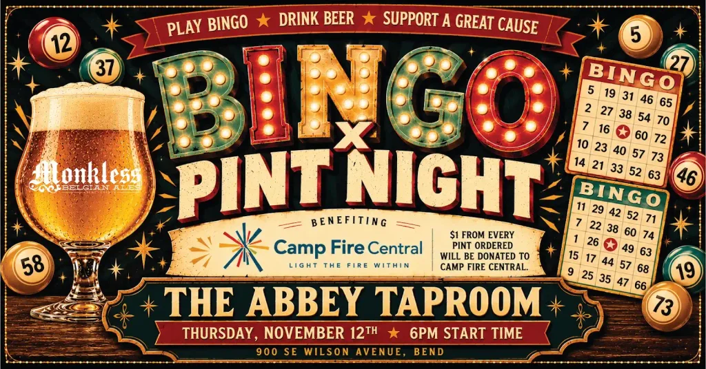 A vintage-style poster advertising a bingo and beer night at The Abbey Taproom in Central Oregon.