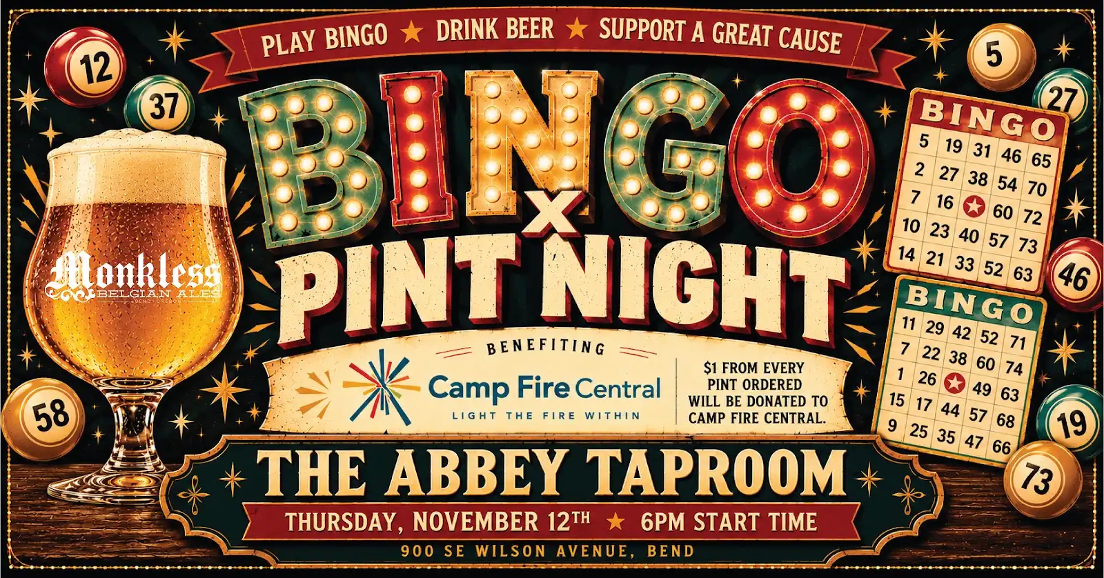 A vintage-style poster advertising a bingo and beer night at The Abbey Taproom in Central Oregon.