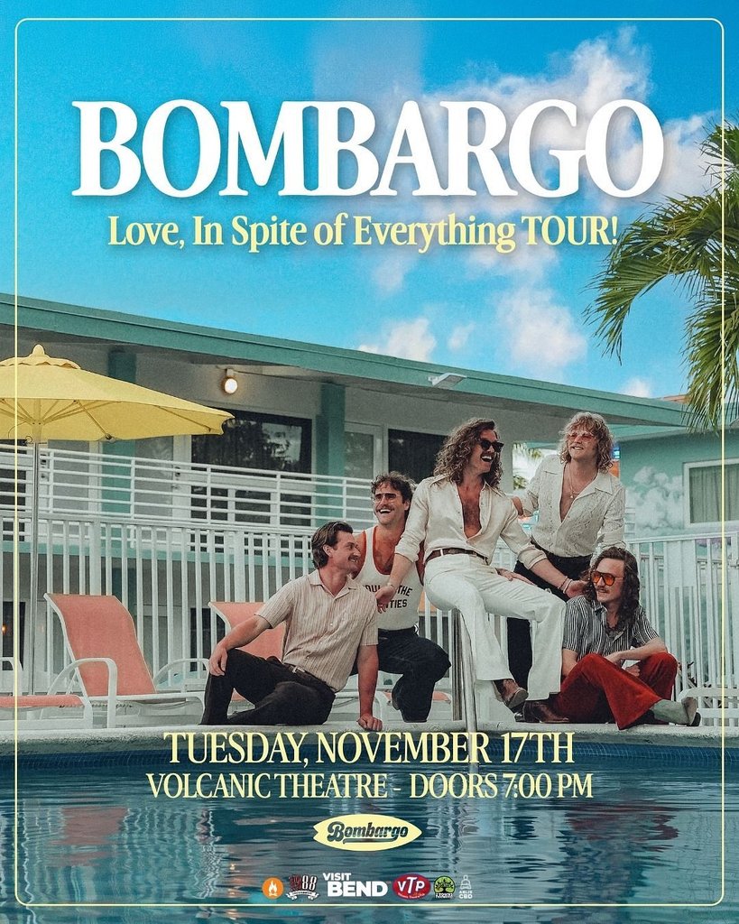 A concert poster featuring the band Bombargo posing by a swimming pool in Central Oregon.