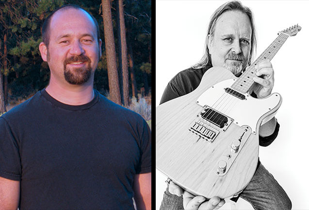 A split image showing a man outdoors and a man holding an electric guitar in Central Oregon.