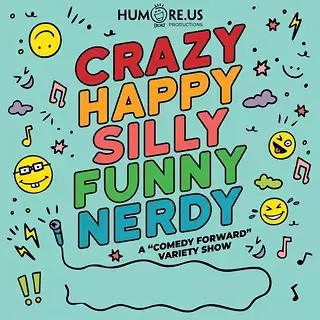 A colorful poster for a comedy variety show featuring emojis and playful text in Central Oregon.