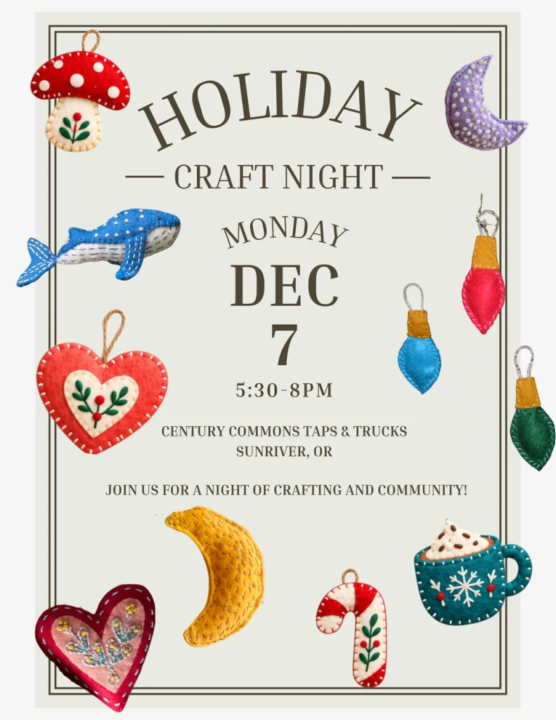 A flyer for a holiday craft night on December 7th in Sunriver, Oregon in Central Oregon.