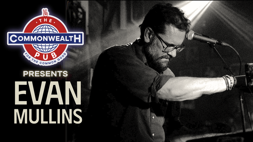 A black and white promotional poster featuring musician Evan Mullins performing live in Central Oregon.