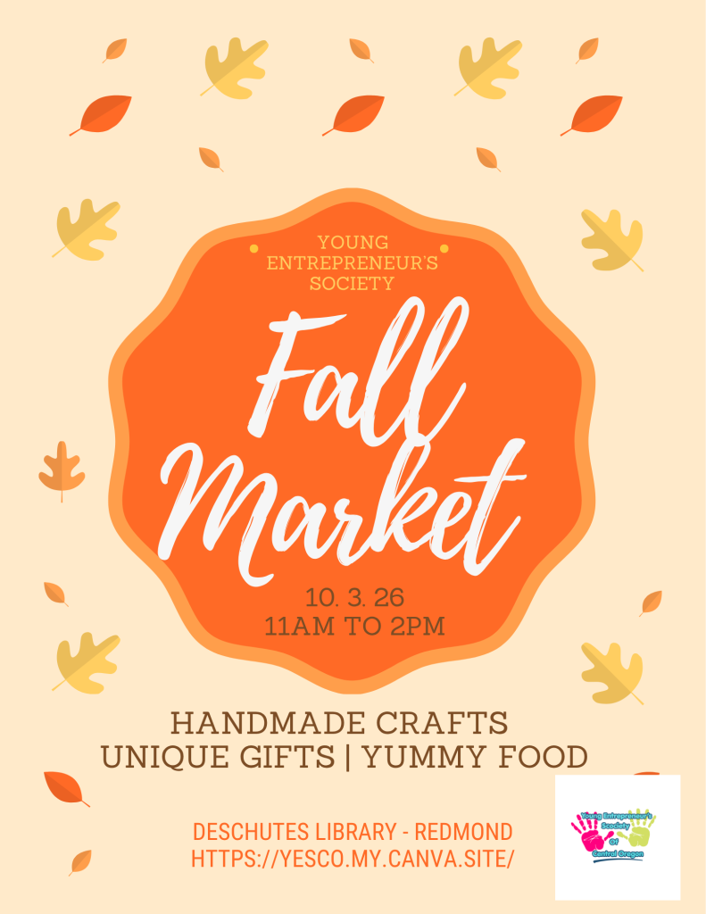 A flyer for a Young Entrepreneur's Society Fall Market event with autumn leaf decorations in Central Oregon.