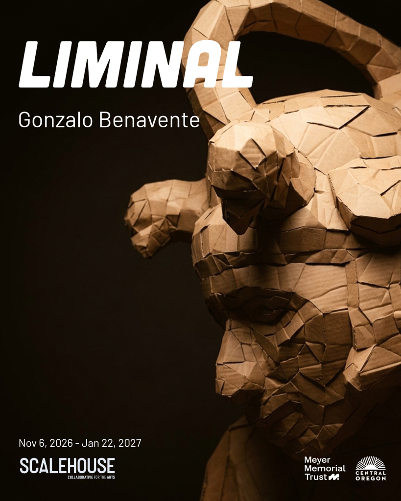 An art exhibition poster featuring a geometric cardboard sculpture against a dark background in Central Oregon.