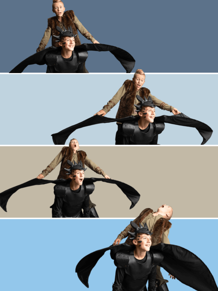 A collage showing two people in dragon-themed costumes posing against different colored backgrounds in Central Oregon.