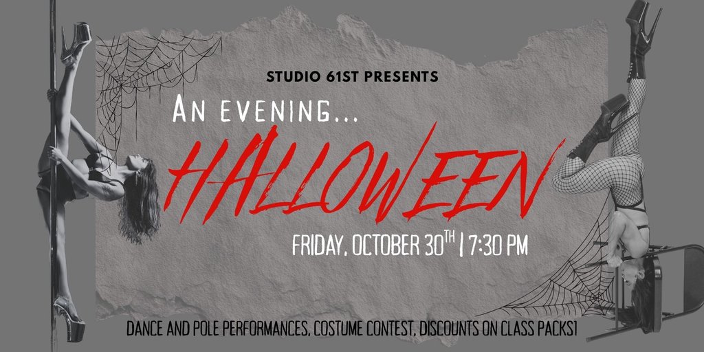 A promotional flyer for a Halloween pole dance event at Studio 61st in Central Oregon.