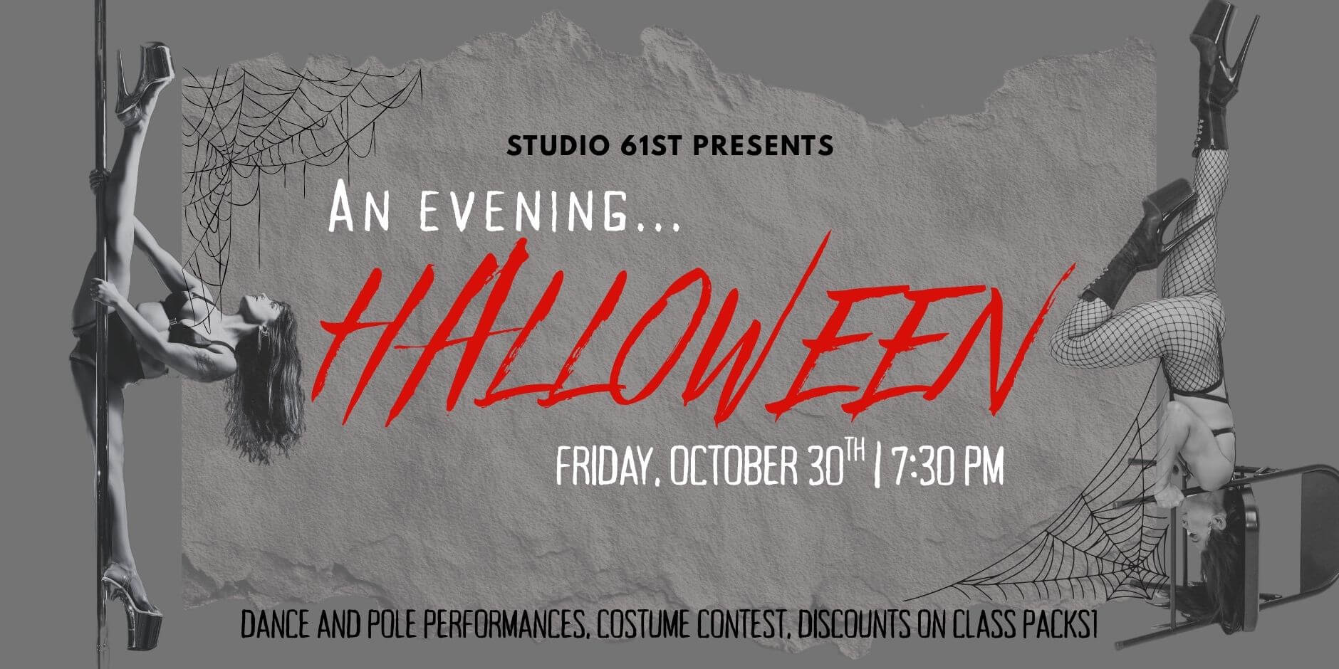 A promotional flyer for a Halloween pole dance event at Studio 61st in Central Oregon.