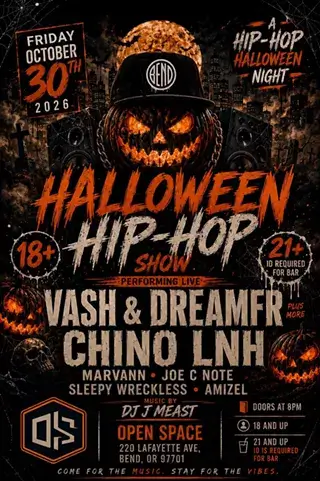 A dark, spooky Halloween hip-hop concert flyer featuring a jack-o'-lantern wearing a baseball cap in Central Oregon.