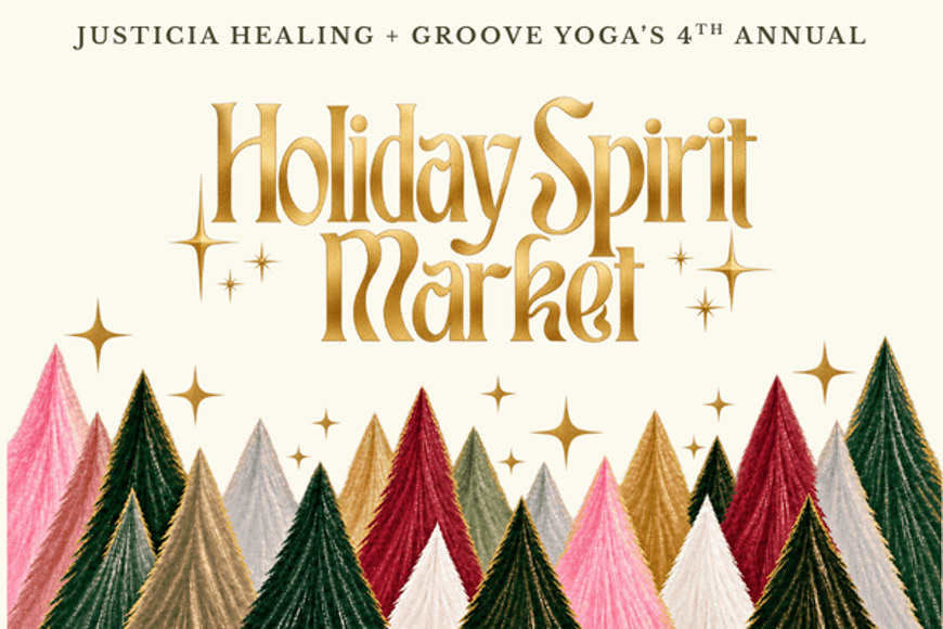A graphic for the 4th annual Holiday Spirit Market featuring colorful stylized Christmas trees in Central Oregon.