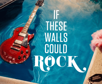 A red electric guitar floating in a blue swimming pool with text overlay in Central Oregon.