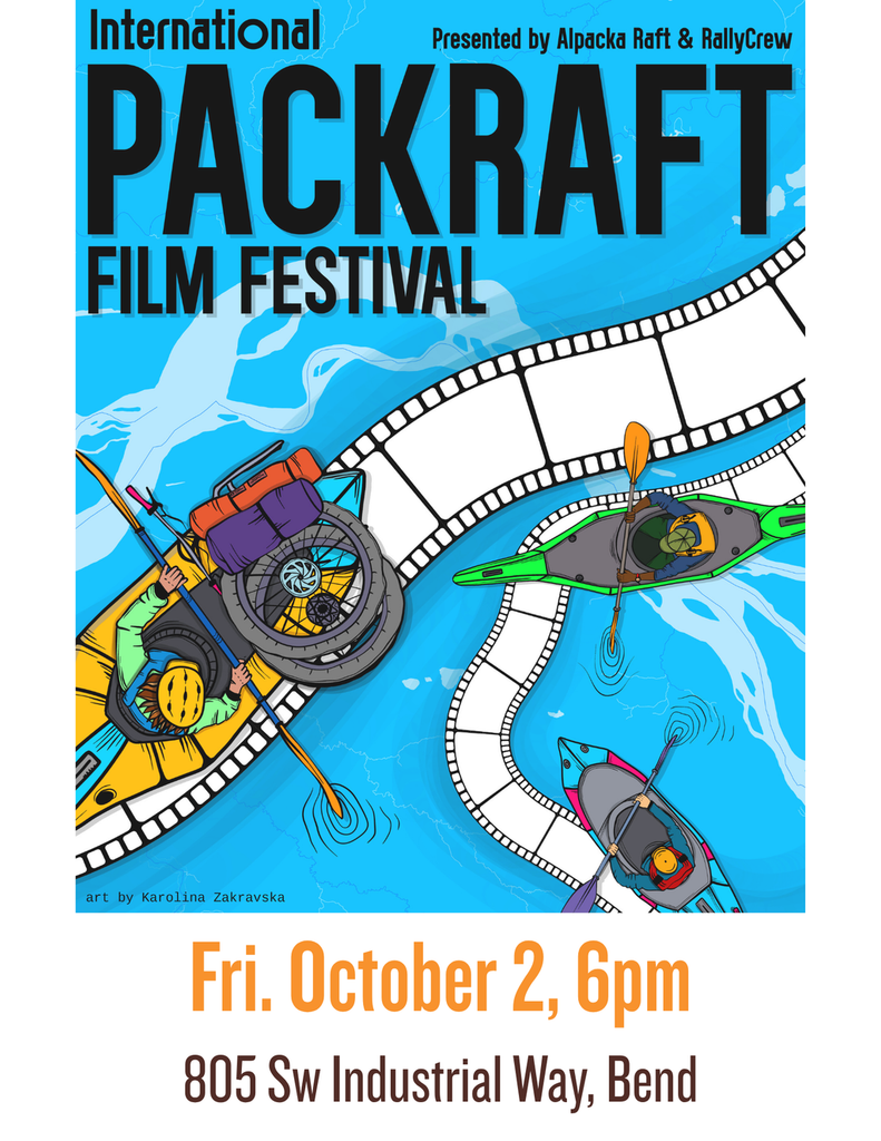 A poster for the International Packraft Film Festival featuring illustrations of people packrafting in Central Oregon.