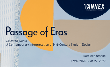 An exhibition poster titled Passage of Eras featuring abstract shapes and mid-century modern design in Central Oregon.