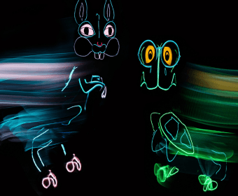 Light painting of a squirrel and a turtle against a black background in Central Oregon.