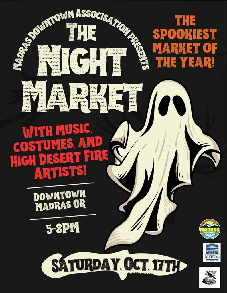 A promotional poster for a spooky night market event in Madras, Oregon in Central Oregon.