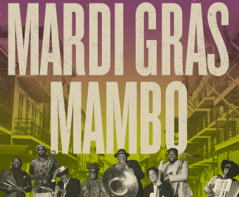 A musical group poses for a photo under the text Mardi Gras Mambo in Central Oregon.