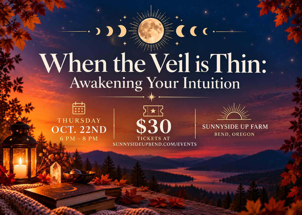 An event flyer for an intuition workshop featuring a moonlit autumn landscape in Central Oregon.