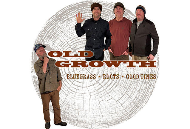 Four men posing in front of a tree ring graphic with the band name Old Growth in Central Oregon.