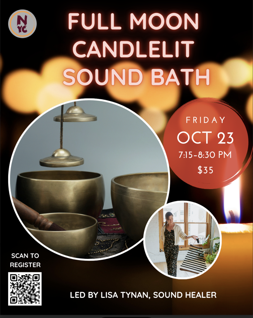 A promotional flyer for a Full Moon Candlelit Sound Bath event in Central Oregon.