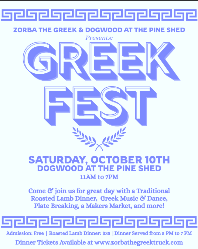 A flyer for a Greek Fest event featuring food, music, and a makers market in Central Oregon.