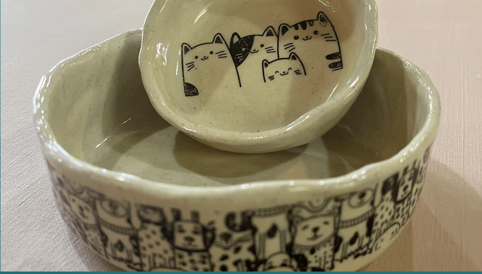 Two handmade ceramic bowls featuring cute cat and dog illustrations in Central Oregon.