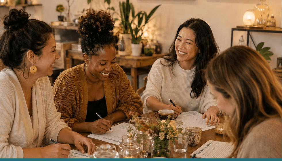 Four diverse women smiling while working together on paperwork at a wooden table in Central Oregon.