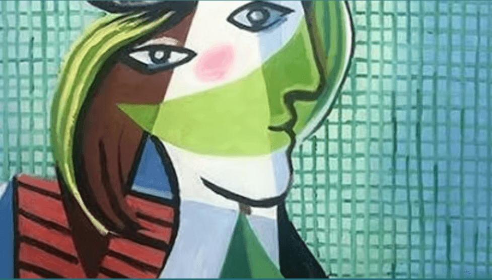 A cubist portrait of a woman with green hair and abstract facial features in Central Oregon.