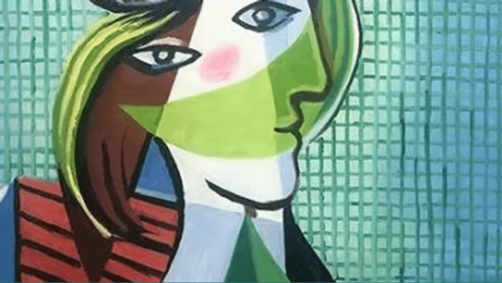A cubist style painting of a woman's face with geometric features and green tones in Central Oregon.
