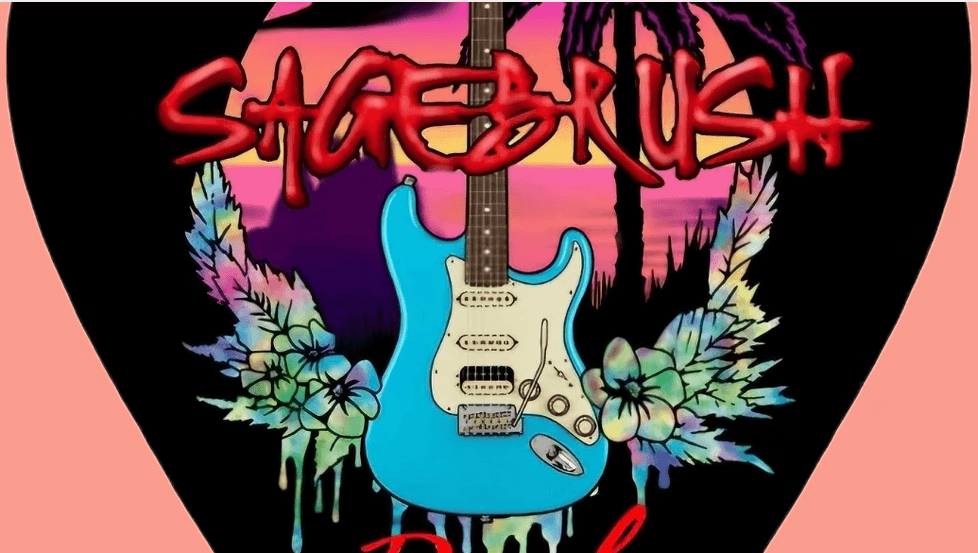 A blue electric guitar centered over a tropical sunset graphic with the word Sagebrush in Central Oregon.