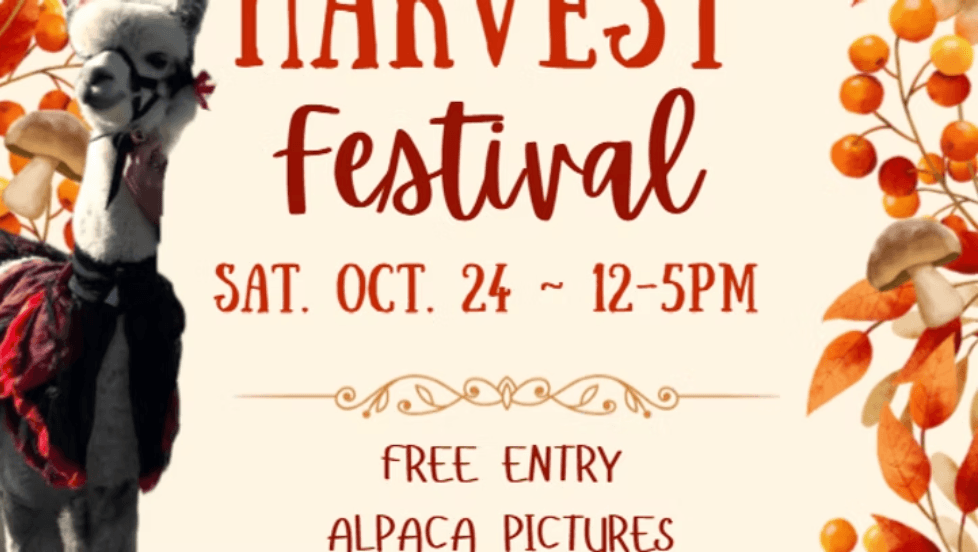 A flyer for a Harvest Festival featuring an alpaca and autumn decorations in Central Oregon.
