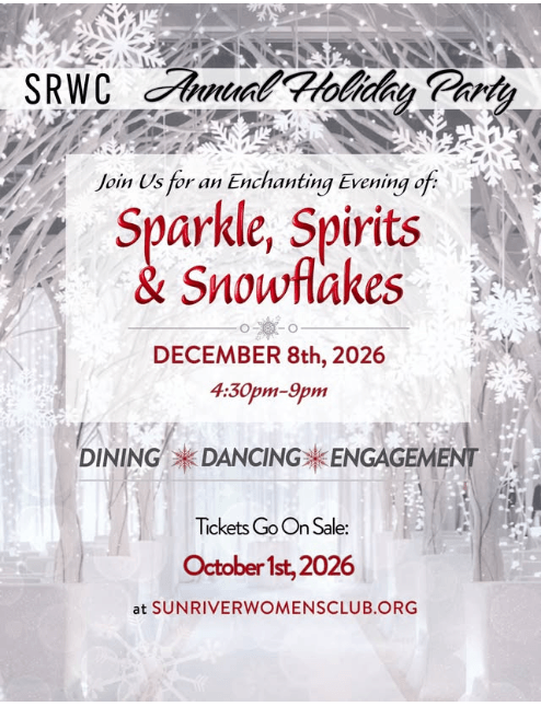 A flyer for an annual holiday party featuring snowflakes and event details in Central Oregon.