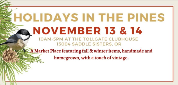 A flyer for a holiday market event featuring a bird and pine branches in Central Oregon.