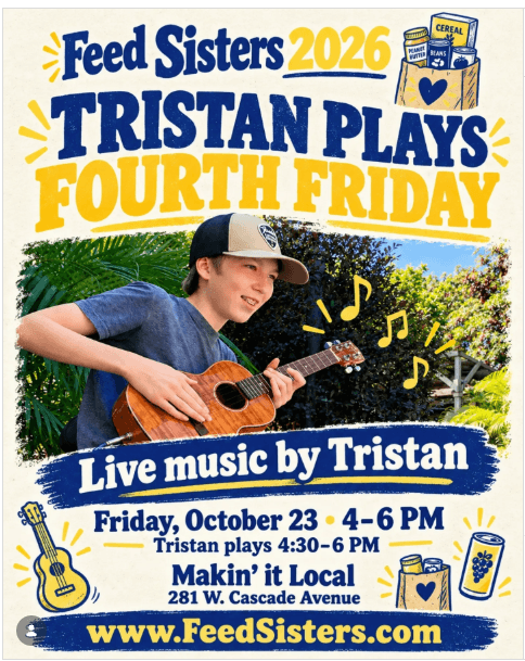A flyer for a live music event featuring a young man playing a ukulele in Central Oregon.